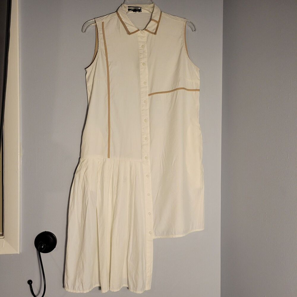 MAAC LONDON Women White Tan Trim Asymmetric Dress Pleats Shirt Dress Sz S